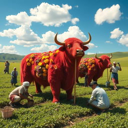 A surreal scene depicting farmers planting large, vibrant plants shaped like bulls in a lush, green field