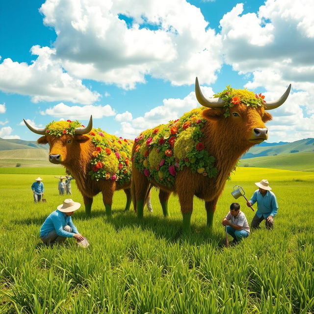 A surreal scene depicting farmers planting large, vibrant plants shaped like bulls in a lush, green field