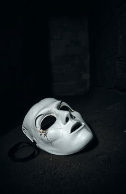 A broken white theater mask lying on the ground, the mask cracked and weathered, surrounded by shadows in a dark, dusty cellar