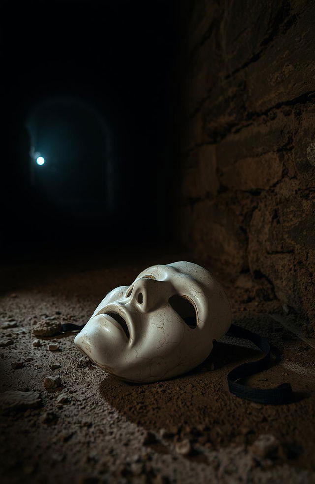 A broken white theater mask lying on the ground, the mask cracked and weathered, surrounded by shadows in a dark, dusty cellar