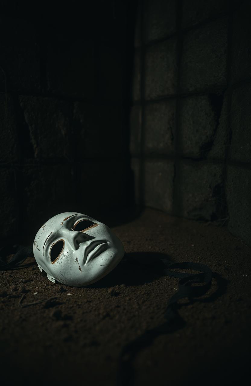 A broken white theater mask lying on the ground, the mask cracked and weathered, surrounded by shadows in a dark, dusty cellar