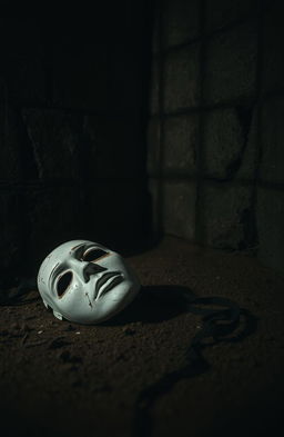 A broken white theater mask lying on the ground, the mask cracked and weathered, surrounded by shadows in a dark, dusty cellar