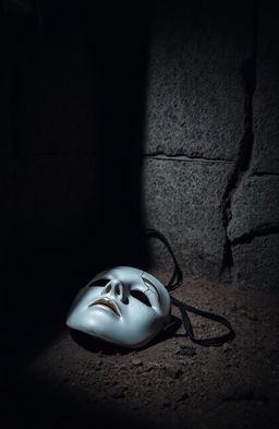 A broken white theater mask lying on the ground, the mask cracked and weathered, surrounded by shadows in a dark, dusty cellar