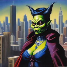 This is a high-quality modern fantasy oil painting set in Chicago, featuring a beautiful yet evil goblin stepmother of South American origin