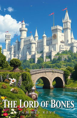 A large fantasy medieval city with towering white walls, adorned with banners fluttering in the breeze