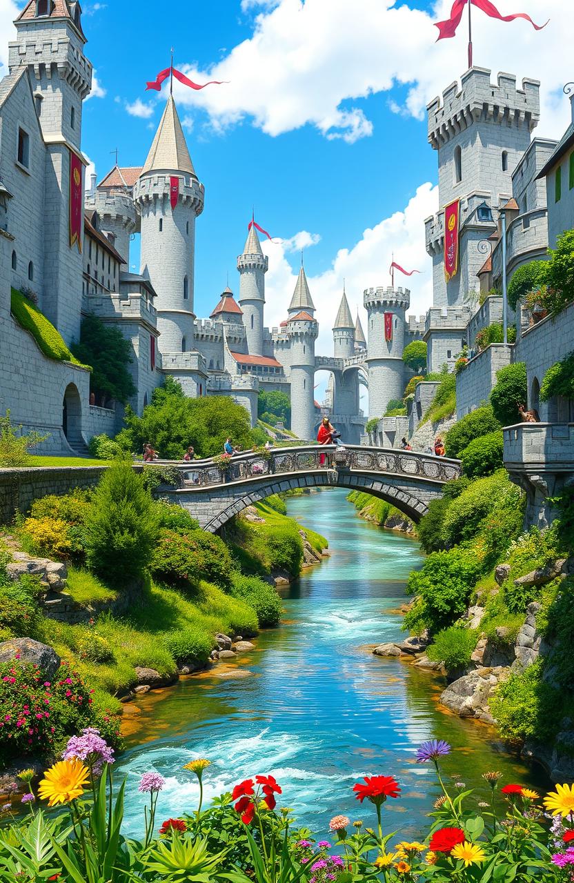 A large fantasy medieval city with towering white walls, adorned with banners fluttering in the breeze