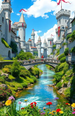 A large fantasy medieval city with towering white walls, adorned with banners fluttering in the breeze