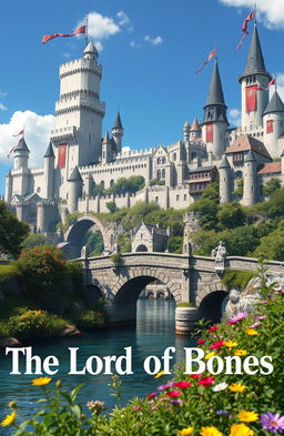 A large fantasy medieval city with towering white walls, adorned with banners fluttering in the breeze