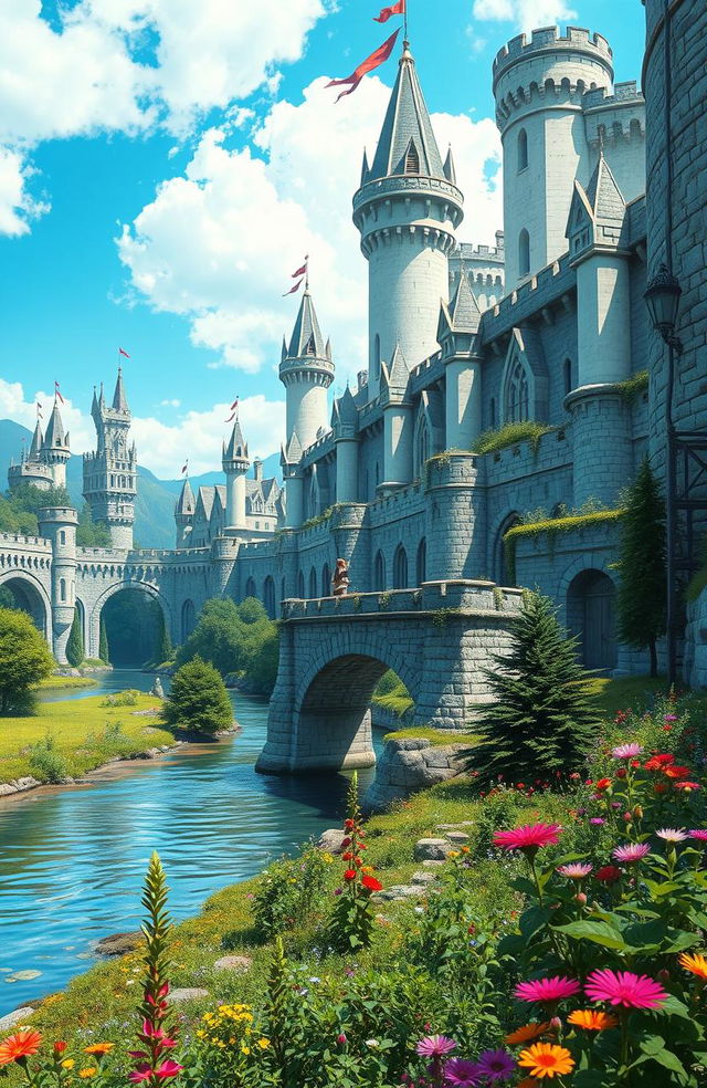 A large fantasy medieval city with towering white walls, adorned with banners fluttering in the breeze