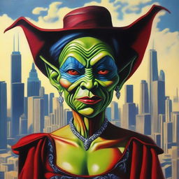 This is a high-quality modern fantasy oil painting set in Chicago, featuring a beautiful yet evil goblin stepmother of South American origin