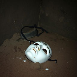 A broken white theater mask lying on the ground in a dark cellar, which is the setting for the fictional work titled "Der Gesichter Sammler" by writer Daniel Abenthum