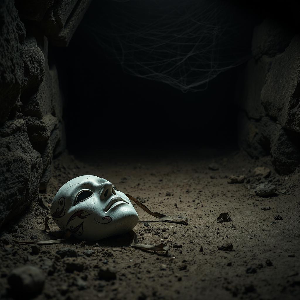 A broken white theater mask lying on the ground in a dark cellar, which is the setting for the fictional work titled "Der Gesichter Sammler" by writer Daniel Abenthum