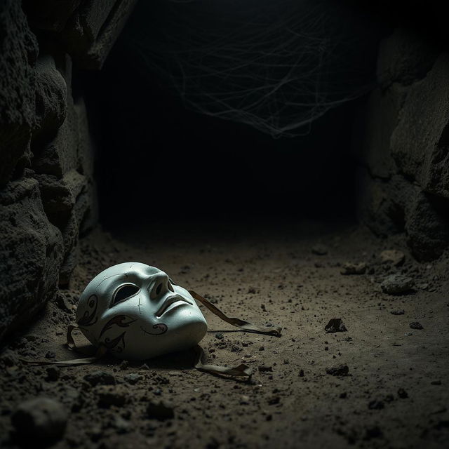 A broken white theater mask lying on the ground in a dark cellar, which is the setting for the fictional work titled "Der Gesichter Sammler" by writer Daniel Abenthum