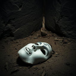 A broken white theater mask lying on the ground in a dark cellar, which is the setting for the fictional work titled "Der Gesichter Sammler" by writer Daniel Abenthum
