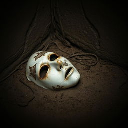 A broken white theater mask lying on the ground in a dark cellar, which is the setting for the fictional work titled "Der Gesichter Sammler" by writer Daniel Abenthum
