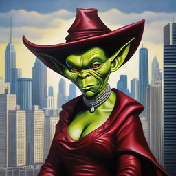 This is a high-quality modern fantasy oil painting set in Chicago, featuring a beautiful yet evil goblin stepmother of South American origin