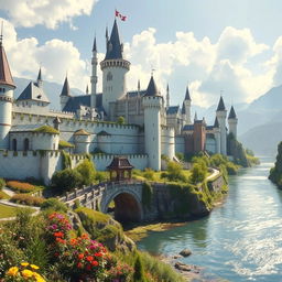 A large, white walled fantasy medieval city with magnificent towers and battlements reaching for the sky