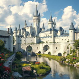 A large, white walled fantasy medieval city with magnificent towers and battlements reaching for the sky