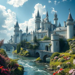 A large, white walled fantasy medieval city with magnificent towers and battlements reaching for the sky