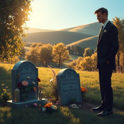 A somber scene depicting a man standing beside a grave, adorned with beautiful flowers