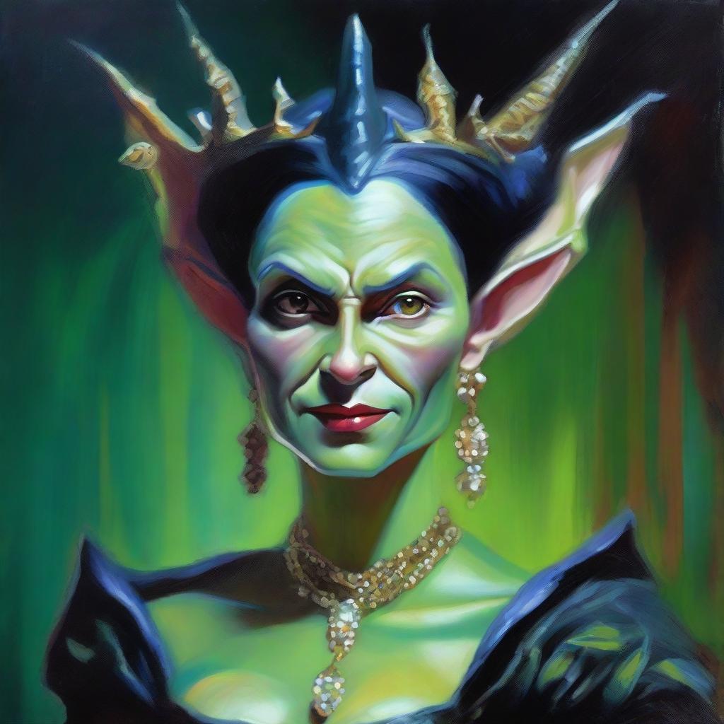 This is a high-quality modern fantasy oil painting set in Chicago, featuring a beautiful yet evil goblin stepmother of South American origin