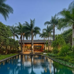 A three-story modern tropical industrial house with a swimming pool, surrounded by numerous trees. A large backyard features a gazebo above a fish pond. The property includes a spacious garage accommodating 12 cars.