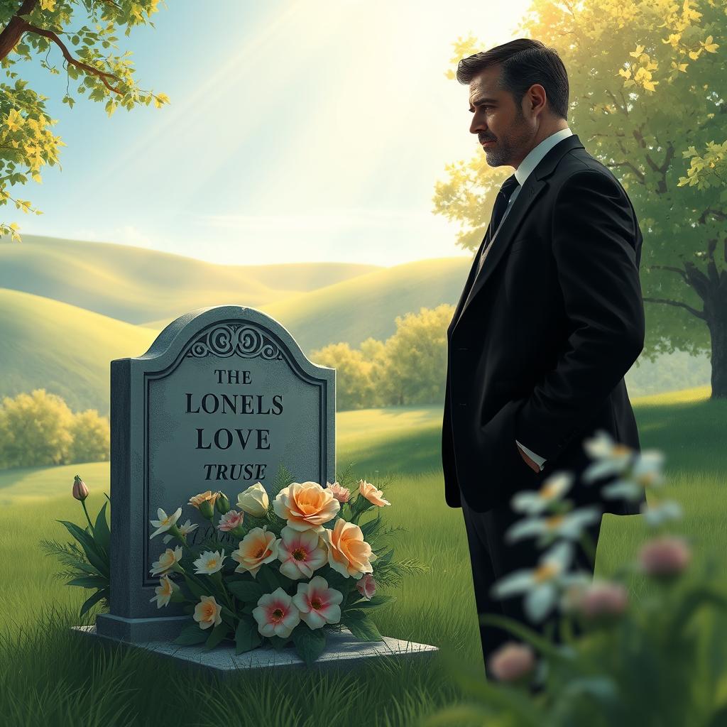 A somber scene depicting a man standing beside a grave, adorned with beautiful flowers