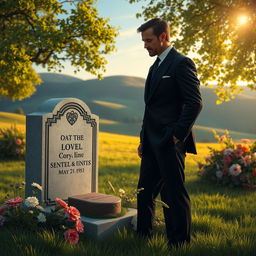A somber scene depicting a man standing beside a grave, adorned with beautiful flowers