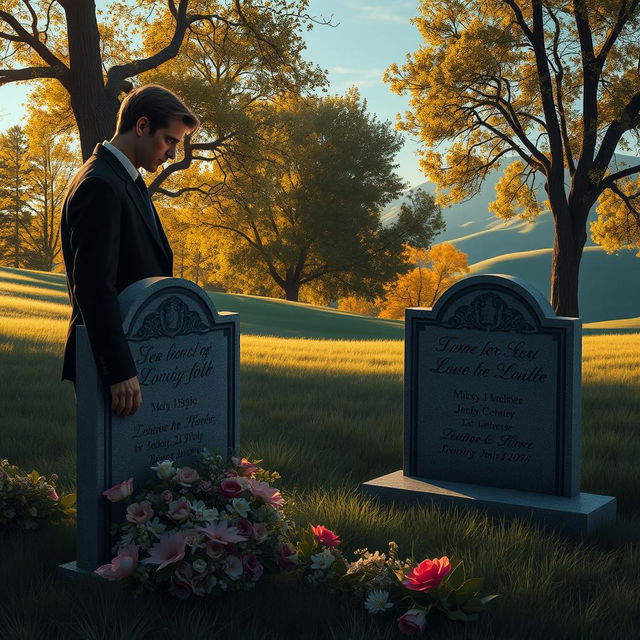 A somber scene depicting a man standing beside a grave, adorned with beautiful flowers