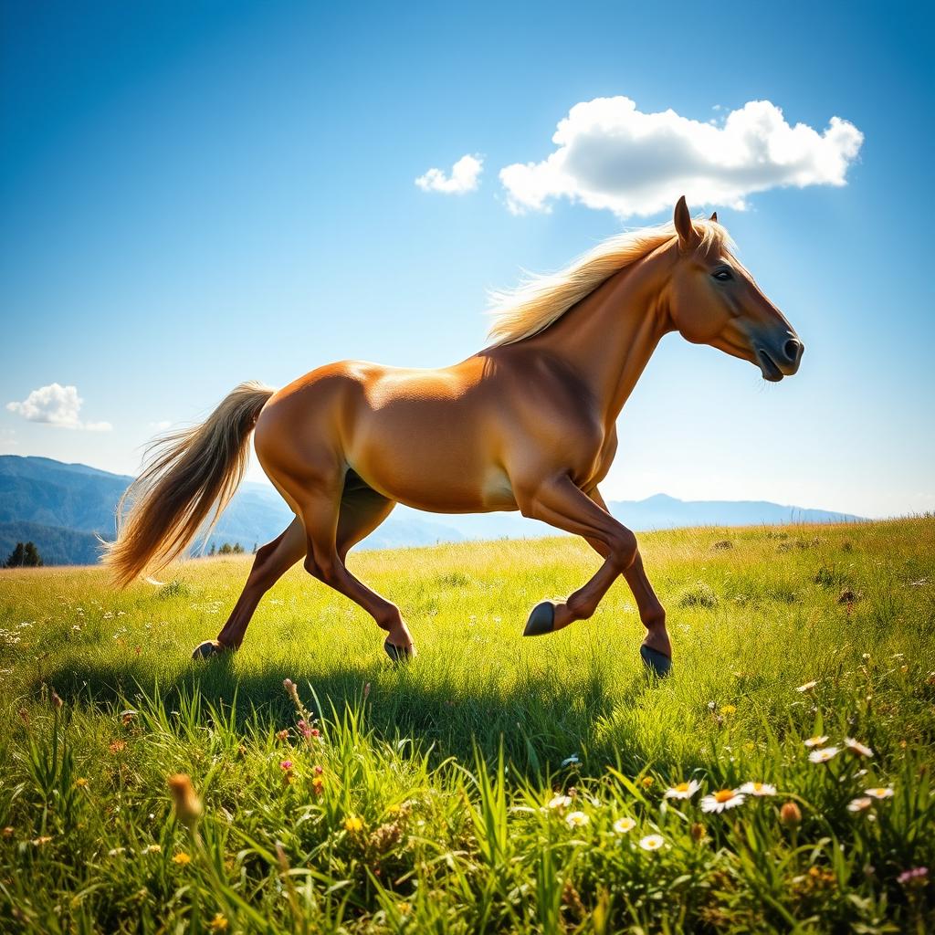 A majestic horse running freely across a sunlit meadow, muscles gleaming and mane flowing in the wind, vibrant green grass underfoot with wildflowers scattered throughout