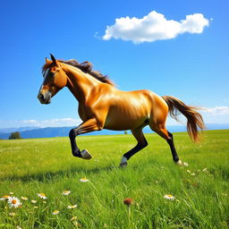 A majestic horse running freely across a sunlit meadow, muscles gleaming and mane flowing in the wind, vibrant green grass underfoot with wildflowers scattered throughout