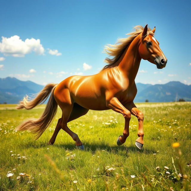 A majestic horse running freely across a sunlit meadow, muscles gleaming and mane flowing in the wind, vibrant green grass underfoot with wildflowers scattered throughout