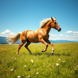 A majestic horse running freely across a sunlit meadow, muscles gleaming and mane flowing in the wind, vibrant green grass underfoot with wildflowers scattered throughout