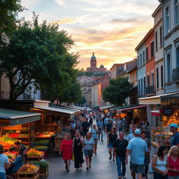 A bustling urban street scene during the golden hour, featuring a lively market with colorful stalls selling fruits, vegetables, and local crafts
