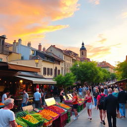 A bustling urban street scene during the golden hour, featuring a lively market with colorful stalls selling fruits, vegetables, and local crafts