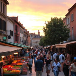 A bustling urban street scene during the golden hour, featuring a lively market with colorful stalls selling fruits, vegetables, and local crafts