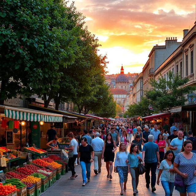 A bustling urban street scene during the golden hour, featuring a lively market with colorful stalls selling fruits, vegetables, and local crafts