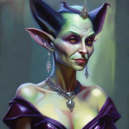 This is a high-quality modern fantasy oil painting set in Chicago, featuring a beautiful yet evil goblin stepmother of South American origin