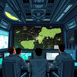 A detailed and illustrative depiction of an IFF (Identification Friend or Foe) system, showcasing its components such as radar antennas, control panels, and graphical displays