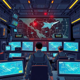 A detailed and illustrative depiction of an IFF (Identification Friend or Foe) system, showcasing its components such as radar antennas, control panels, and graphical displays