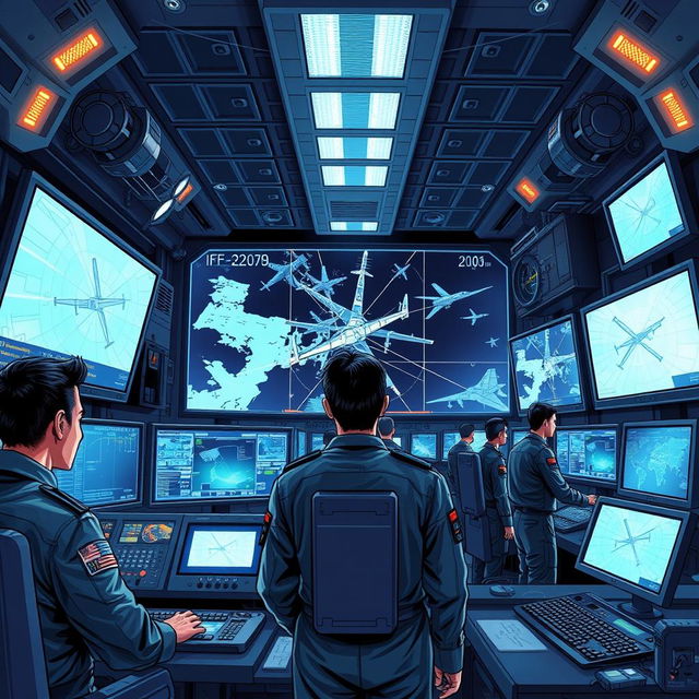 A detailed and illustrative depiction of an IFF (Identification Friend or Foe) system, showcasing its components such as radar antennas, control panels, and graphical displays