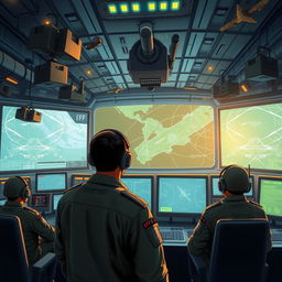 A detailed and illustrative depiction of an IFF (Identification Friend or Foe) system, showcasing its components such as radar antennas, control panels, and graphical displays