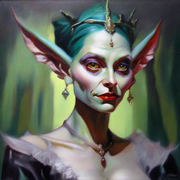 This is a high-quality modern fantasy oil painting set in Chicago, featuring a beautiful yet evil goblin stepmother of South American origin