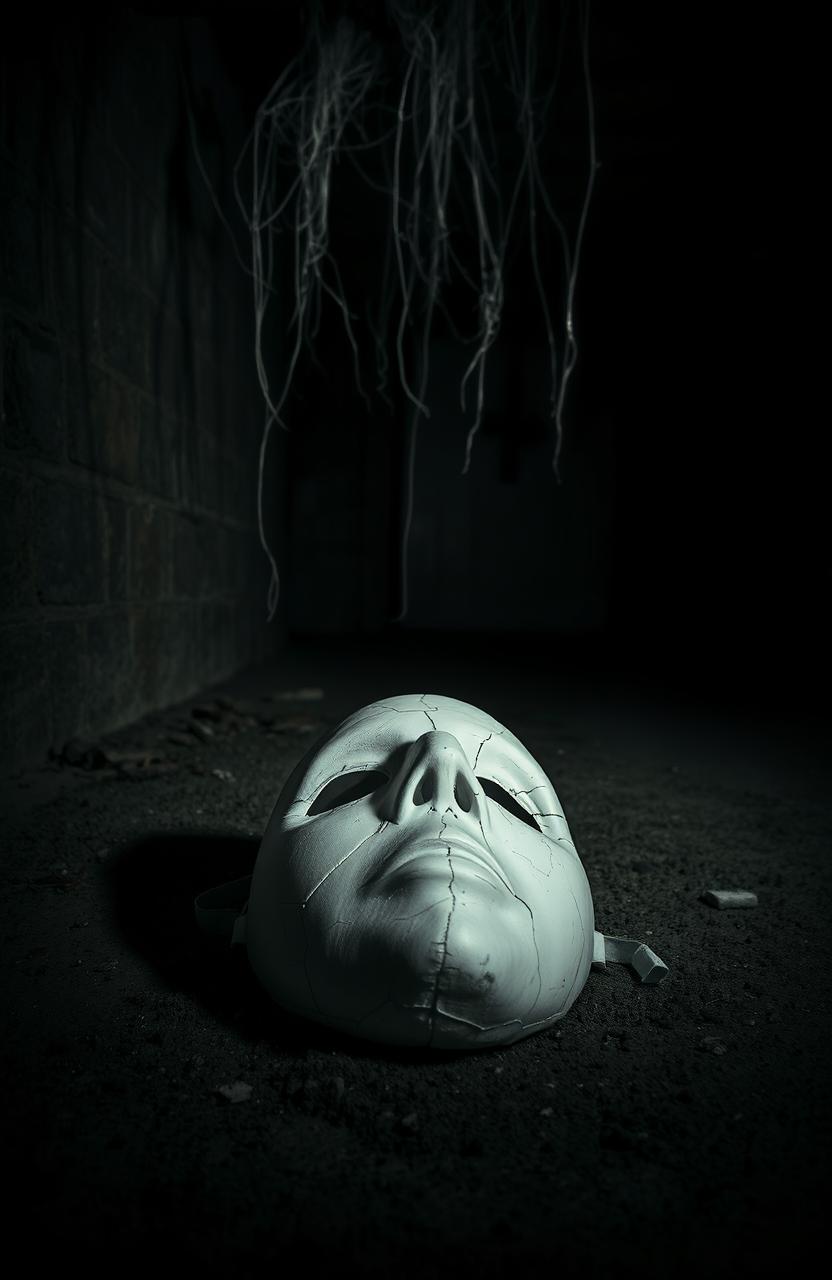 A white broken mask lying on the cold, dusty floor of a dark, eerie cellar