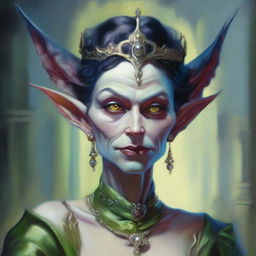 This is a high-quality modern fantasy oil painting set in Chicago, featuring a beautiful yet evil goblin stepmother of South American origin