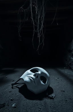 A white broken mask lying on the cold, dusty floor of a dark, eerie cellar