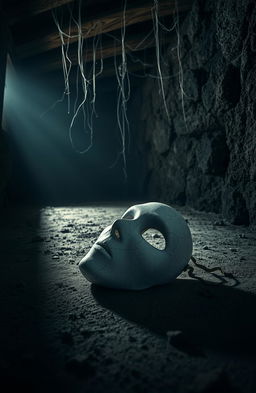A white broken mask lying on the cold, dusty floor of a dark, eerie cellar