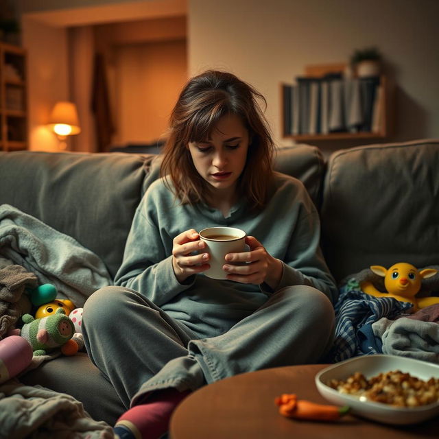 A tired mother sitting on the couch, looking exhausted with disheveled hair and dark circles under her eyes, surrounded by scattered toys and laundry, holding a warm cup of coffee in her hands