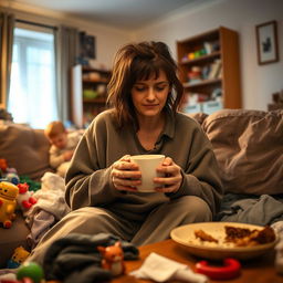 A tired mother sitting on the couch, looking exhausted with disheveled hair and dark circles under her eyes, surrounded by scattered toys and laundry, holding a warm cup of coffee in her hands