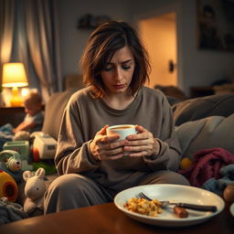 A tired mother sitting on the couch, looking exhausted with disheveled hair and dark circles under her eyes, surrounded by scattered toys and laundry, holding a warm cup of coffee in her hands